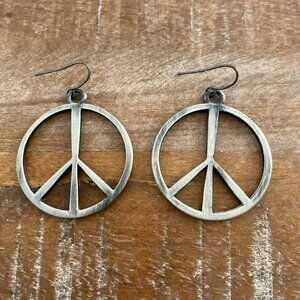 Big hand made silvertone Peace Sign drop earrings